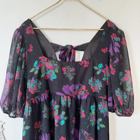 ModCloth Meow Bouquet Floral Cat Print Black Babydoll Square Neck Dress L - Picture 3 of 11